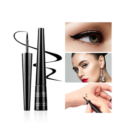 IMAGIC professional cosmetics eyeliner with close-up of use, model wearing makeup, and product packaging.