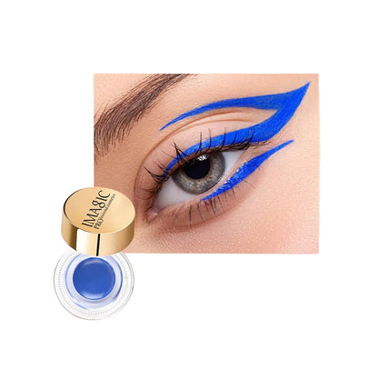 Eyeliner with blue color swatch on beige background