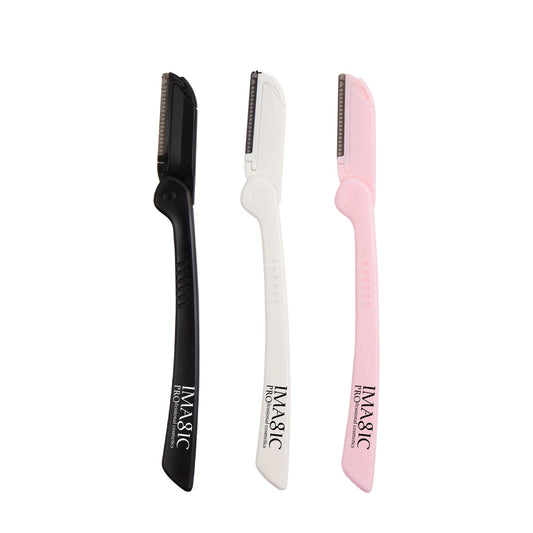 Three eyebrow razors in black, white, and pink with 'IMAGIC' branding on a white background.