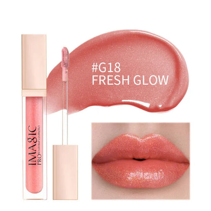 IMAGIC lip gloss with applicator and color swatch on a white background
